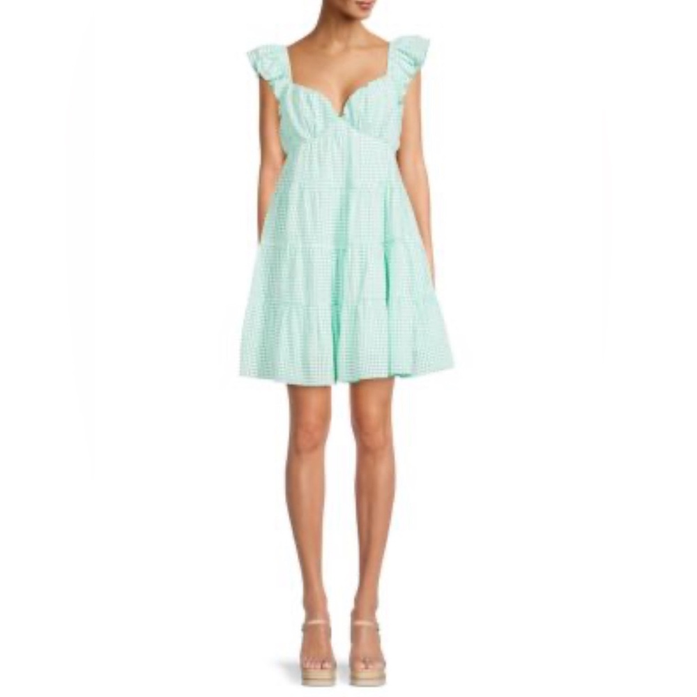 English Factory Green & White Gingham style Mini Dress w/ruffle sleeves Size L